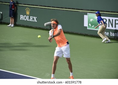 INDIAN WELLS - MARCH 10:  Alexander Zverev Competes In Round 1 Doubles At The BNP Paribas Open On March 10, 2017 In Indian Wells, CA.