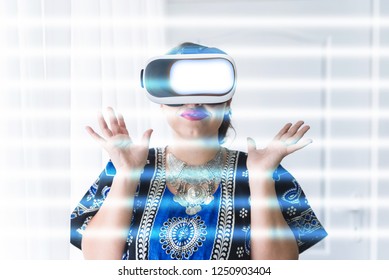 Indian Woman Blown Away With Amazing Virtual Reality Headset, New Generation And Hi-tech Concept