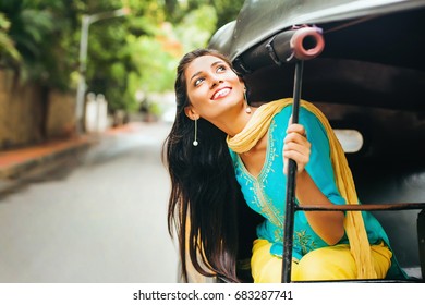 Indian Woman Enjoying In Rickshaw