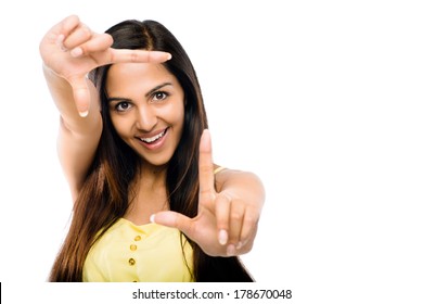 Indian Woman Framing Photograph On White Background