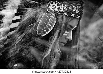 Indian woman hunter. Black and white portrait