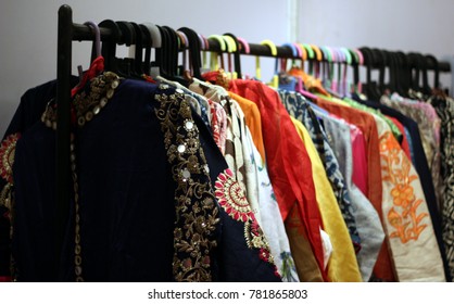 Indian Woman Latest Fashion Clothes Or Costume Kept On Hangers In Display Of Retail Clothes Shop Or Store On December 11,2017 In Hyderabad,India