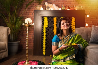 Indian Woman With Puja Thali, Female Model Holding Pooja Plate