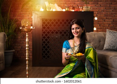 Indian Woman With Puja Thali, Female Model Holding Pooja Plate