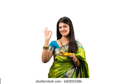 Indian Woman With Puja Thali, Female Model Holding Pooja Plate