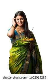 Indian Woman With Puja Thali, Female Model Holding Pooja Plate