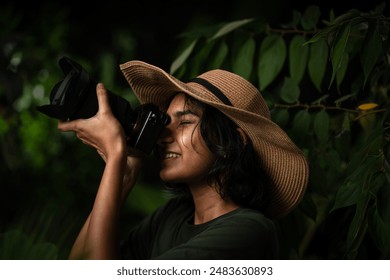 Indian woman taking picture of nature, Wildlife photographer with camera, bird photography image, adventure travel lifestyle background