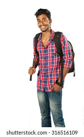 Indian young student carrying bag on white 