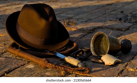 Indiana Fedora Hat, Whip And Antique Artifacts