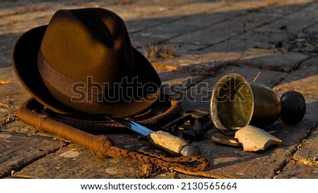 Indiana Fedora hat, whip and antique artifacts