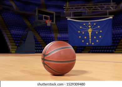 Indiana State Flag And Basketball On Court Floor