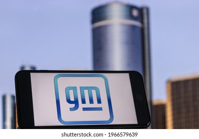 Indianapolis - Circa February 2021: General Motors new logo in front of GM headquarters. GM is promoting the new symbol with the goal of selling only Zero-Emission vehicles by 2035.