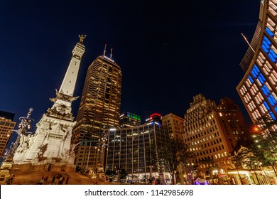 Indianapolis - Circa July 2018: Colorful downtown Indianapolis skyline at the circle with the monument, Salesforce, BMO Harris, Chase, Regions and IPL towers I