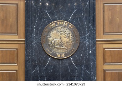 Indianapolis - Circa March 2022: The Seal of the State of Indiana displayed in the House of Representatives.