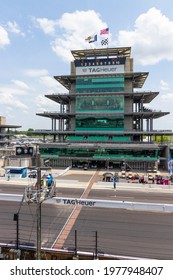 Indianapolis - Circa May 2021: The Yard Of Bricks, Start Finish Line, And Pagoda At Indianapolis Motor Speedway. IMS Is Preparing For The Indy 500 And Brickyard 400.