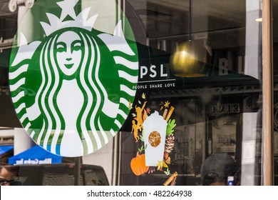 Indianapolis - Circa September 2016: Starbucks Retail Coffee Store. Starbucks Is Serving Pumpkin Spice Lattes VI