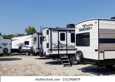 Indianapolis - Circa September 2019: KZ Sportsmen And Winnebago Travel Trailers For Sale. KZ And Winnebago Manufacture Different Lines Of RV, Motorhomes And Fifth Wheels