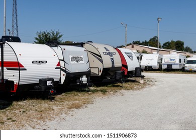 Indianapolis - Circa September 2019: Recreational Vehicles Lined Up For Sale. Colorful RV Brands Are Available At A Motorhome Dealership