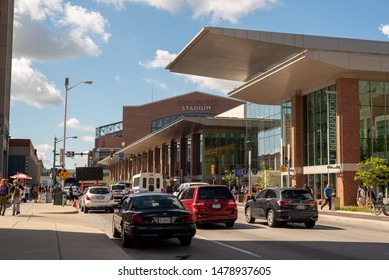 INDIANAPOLIS, INDIANA - AUGUST 18 2017: The Indianapolis Convention Center And Lucas Oil Stadium On A Busy Day During The 50th Annual Gen Con Gaming Convention.