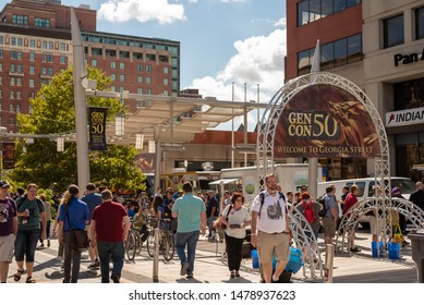 INDIANAPOLIS, INDIANA - AUGUST 18 2017: Crowds Gather Around The Indianapolis Convention Center For The 50th Annual Gen Con Gaming Convention.