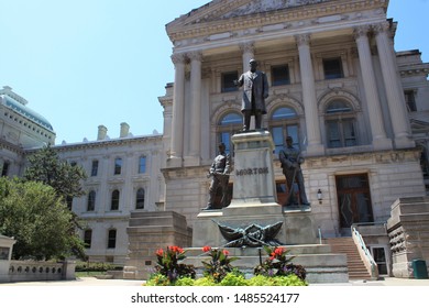 INDIANAPOLIS INDIANA - AUGUST 2019: Statue Of Indiana Civil War Governor Oliver P. Morton And Soldiers At Indiana State House, Capitol Building Of The State Of Indiana In August 2019 In Indianapolis.