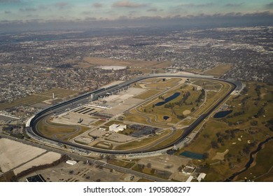 INDIANAPOLIS, INDIANA - JANUARY 20, 2021:  Aerial view of Indianapolis Motor Speedway. Home of the Indy 500. Racing Capitol of The World.