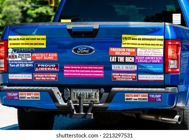 Indianapolis, Indiana, United States - June 18th, 2022: A Truck Plastered With Political Bumper Stickers In Downtown Indianapolis.