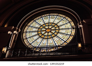 INDIANAPOLIS, INDIANA / USA - CIRCA AUGUST 2017: The Ornate Stained Glass Window In The Crowne Plaza Indianapolis Downtown Union Station, A Former Train Station That Has Been Converted Into A Hotel.