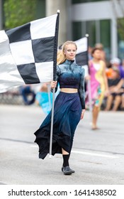 Indianapolis, Indiana, USA - May 25, 2019: Indy 500 Parade, Members Of The Indiana, All - Star Marching Band, Performing Down Pennsylvania Street During The Parade