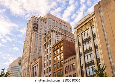 Indianapolis, Indiana, USA - October 19, 2021: The downtown Buildings as seen on Washington street