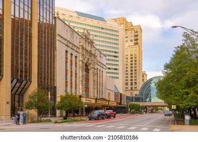 Indianapolis, Indiana, USA - October 19, 2021: Downtown as seen on Washington Street with the Indiana Repertory Theatre to the left and the Indianapolis Artsgarden on the back