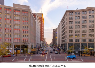 Indianapolis, Indiana, USA - October 19, 2021: Downtown area as seen down Meridian Street from Monument Cir