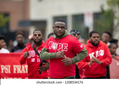 Indianapolis, Indiana, USA - September 22, 2018: The Circle City Classic Parade, Members Of The Kappa Alpha Psi Fraternity Dancing During The Parade