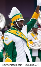 Indianapolis, Indiana, USA - September 28, 2019: The Circle City Classic Parade, Members Of The Thorobred Marching Band From The Kentucky State University, Performing At The Parade