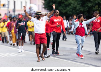 Indianapolis, Indiana, USA - September 28, 2019: The Circle City Classic Parade, Members Of The Kappa Alpha Psi, Going Down Pennsylvania Street During The Parade