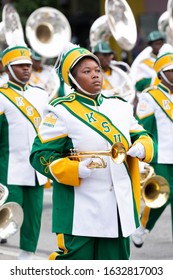 Indianapolis, Indiana, USA - September 28, 2019: The Circle City Classic Parade, Members Of The Thorobred Marching Band From The Kentucky State University, Performing At The Parade