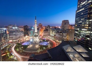 Indianapolis, Indiana, USA skyline over Monument Circle at night.