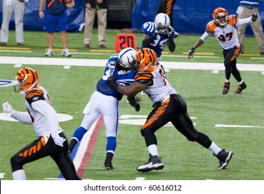 INDIANAPOLIS, IN - SEPT 2: Tackle During Football Game Between Indianapolis Colts And Cincinnati Bengals On September 2, 2010 In Indianapolis, IN