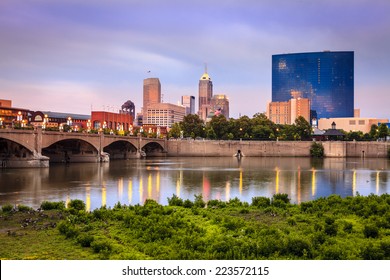 Indianapolis skyline and the White River at sunset