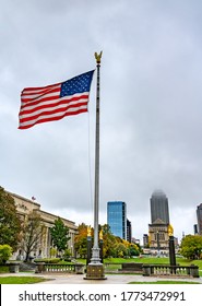 Indianapolis, United States - October 31, 2019: American Flag At American Legion Mall In Indianapolis, Indiana