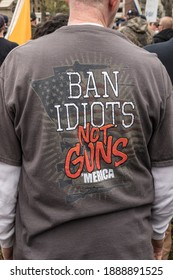 Indianapolis, IN USA April 14, 2018 A Second Amendment Supporter At A Rally Supporting The Second Amendment. He Suggests Idiots Should Be Banned, Not Guns. 