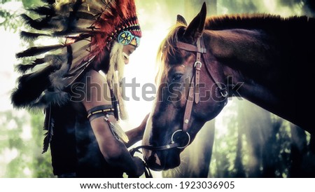 The Indians are riding a horse and spear ready to use In light of the Silhouette, American Indian warrior, chief of the tribe. man with feather he