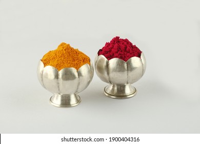India's tradition haldi  Kumkum in silver bowl on white background selective focus 