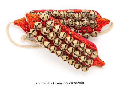 India's traditional Dancing Bells Ghungroo made of brass and crafted in thread isolated on white background. Top view.