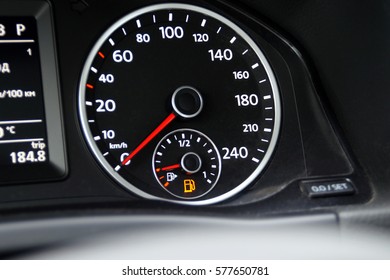 Indicator of fuel level on instrument panel of vehicle - Shutterstock ID 577650781
