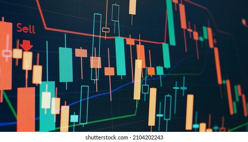 Indicator, red and green candlestick chart on blue theme screen, market volatility, up and down trend. Stock trading, crypto currency background.