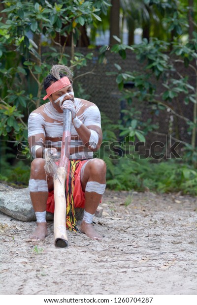 Indigenous Australian man play Aboriginal  music\
on didgeridoo, instrument in the tropical far north of Queensland,\
Australia. Real people. Copy space\
