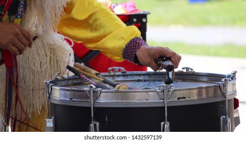 Indigenous Culture Drumming Outdoors.   Closeup 