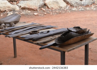 Indigenous impliments weapons and tools at the desert park Alice Springs Australia