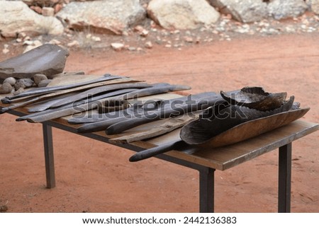 Indigenous impliments weapons and tools at the desert park Alice Springs Australia